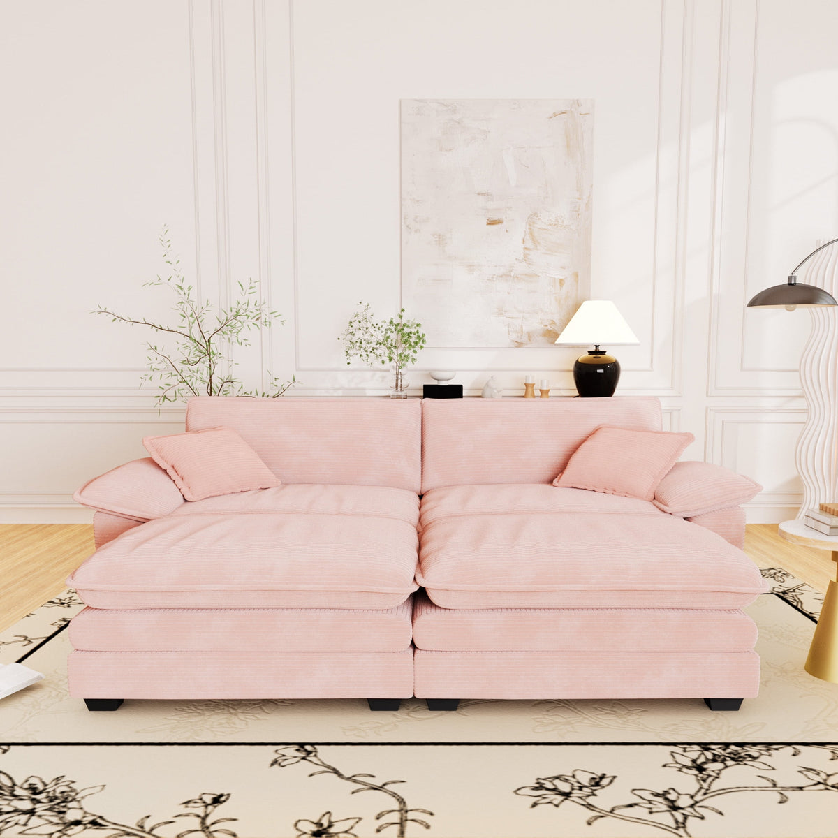 Muumblus Comfy Modular Sectional Sofa with 2 Ottoman, Deep Seat 80.5" Modern Oversized Corduroy Cloud Couch, Fluffy Deep Seat Chaise Lounge Sleeper Sofa for Living Room Apartment, Pink