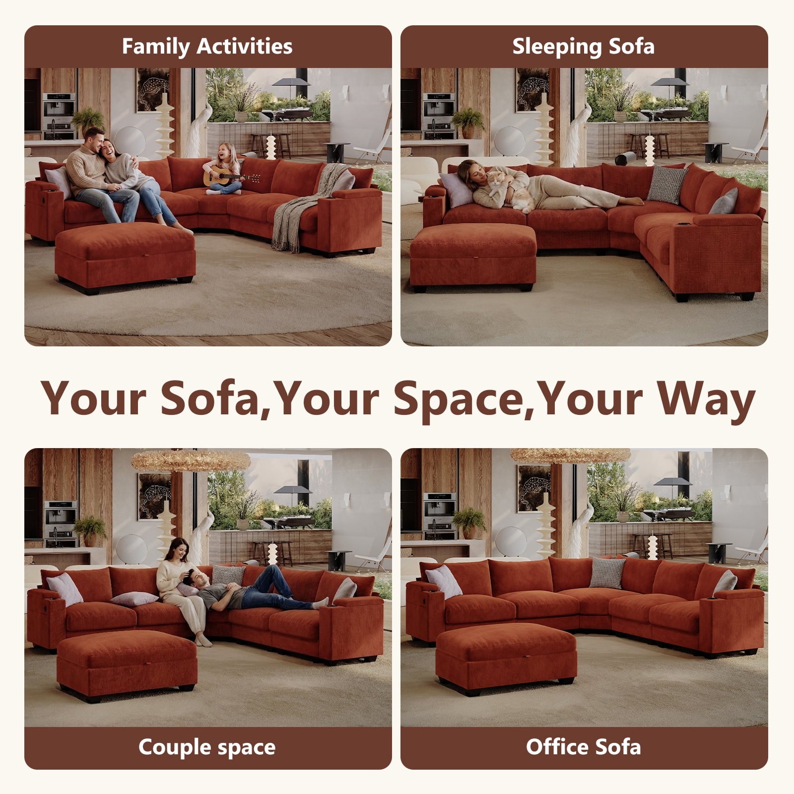 ZX Design 107.1" L-Shaped Modular Sectional Sofa, 6-Seater Deep Seat Couch with Storage Ottoman, Console, USB Type-C & Cup Holders for Living Room
