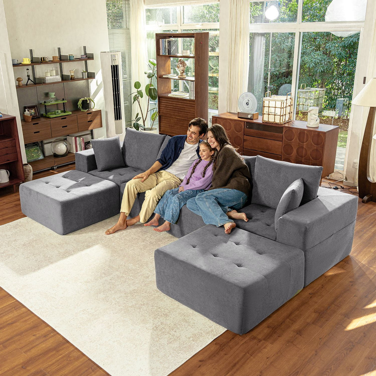  Modular Sectional Boneless Couch, Chenille Tufted Sectional Couches for Living Room, No Assembly U Shape Cloud Sofa with Throw Pillows & Storage Side Pocket (Gray)