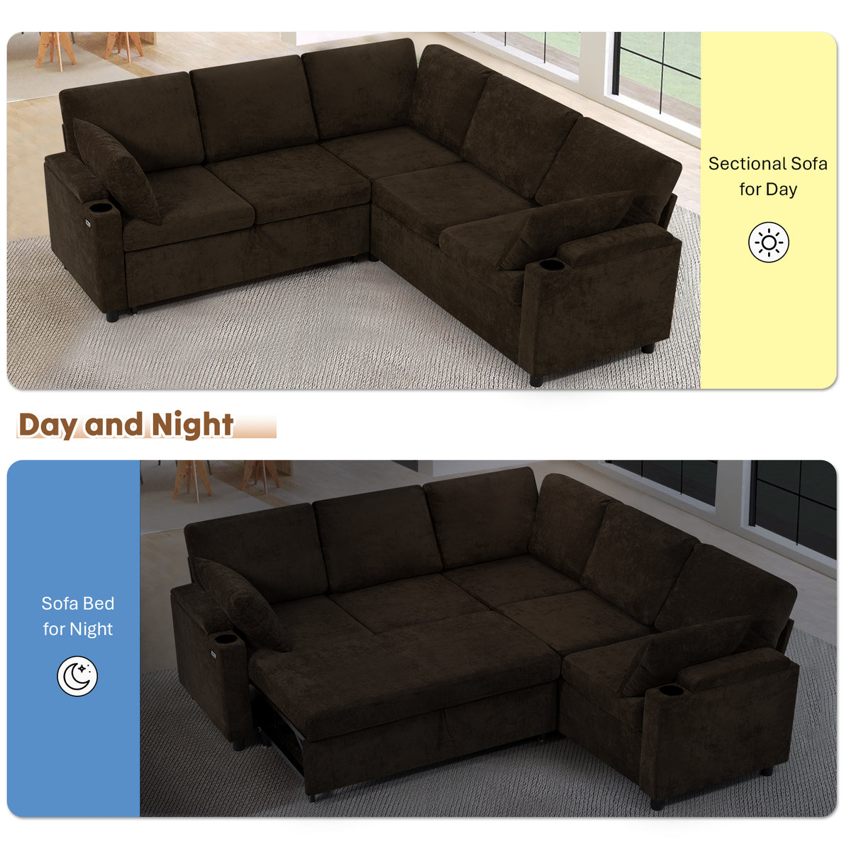 ACMEASE 85" Chenille Reversible Sectional Sofa w/Pull Out Bed, Upholstery L-Shaped Couch w/Storage Armrests & Cup Holders, Modern Corner Sofa w/USB Charging Port & Throw Pillow for Living Room, Brown
