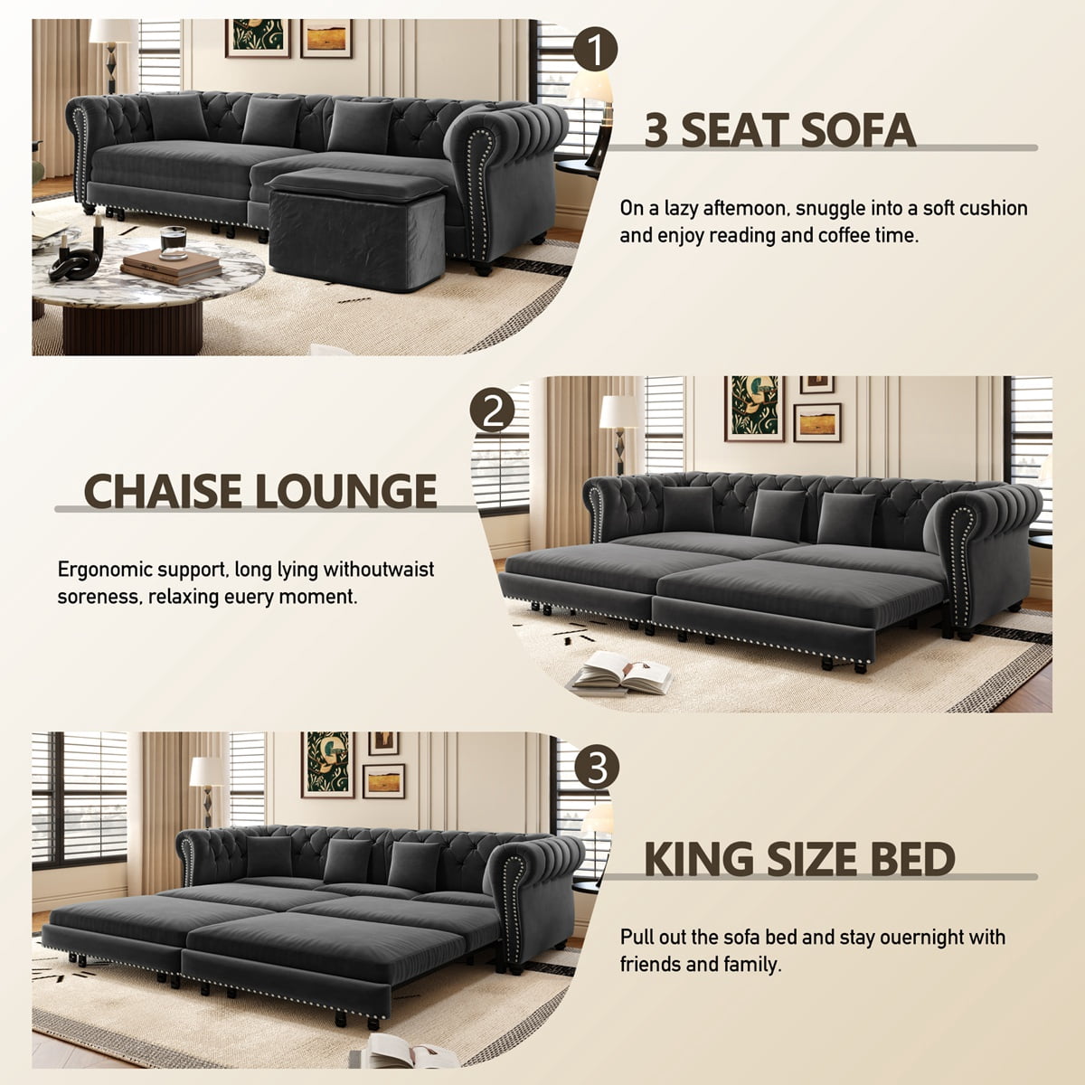 89'' Pull Out Sofa Bed King, Chesterfield Velvet Sleeper Sofa, Convertible L-Shaped Futon Couch, Tufted Back, 4 Pillows, Ottoman, Deep Seat Loveseat Couches for Living Room, Apartment, Gray