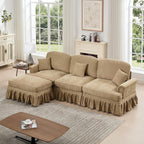 Modular L Shaped Sectional Couch with Ottoman, Chaise Lounge Sofa with Removable Ruffles Pleats Skirts, 3-Seat Deep Seat Sofa for Living Room, Light Coffee