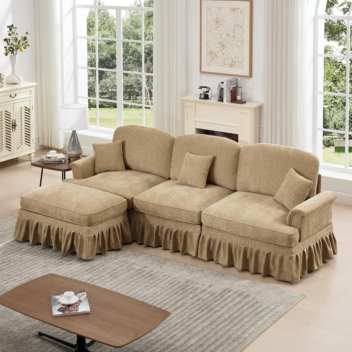 Modular L Shaped Sectional Couch with Ottoman, Chaise Lounge Sofa with Removable Ruffles Pleats Skirts, 3-Seat Deep Seat Sofa for Living Room, Light Coffee