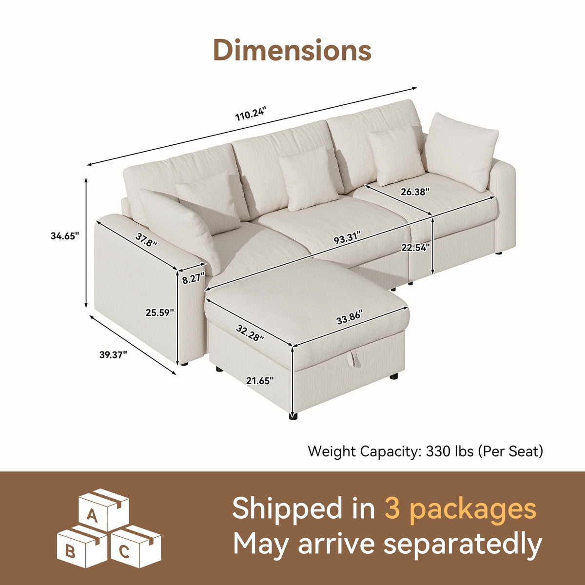  110" Large Modular Sectional Cloud Sofa with Removable Storage Ottoman, Extra Deep Seat Couch, Living Room Furniture, Chenille Beige