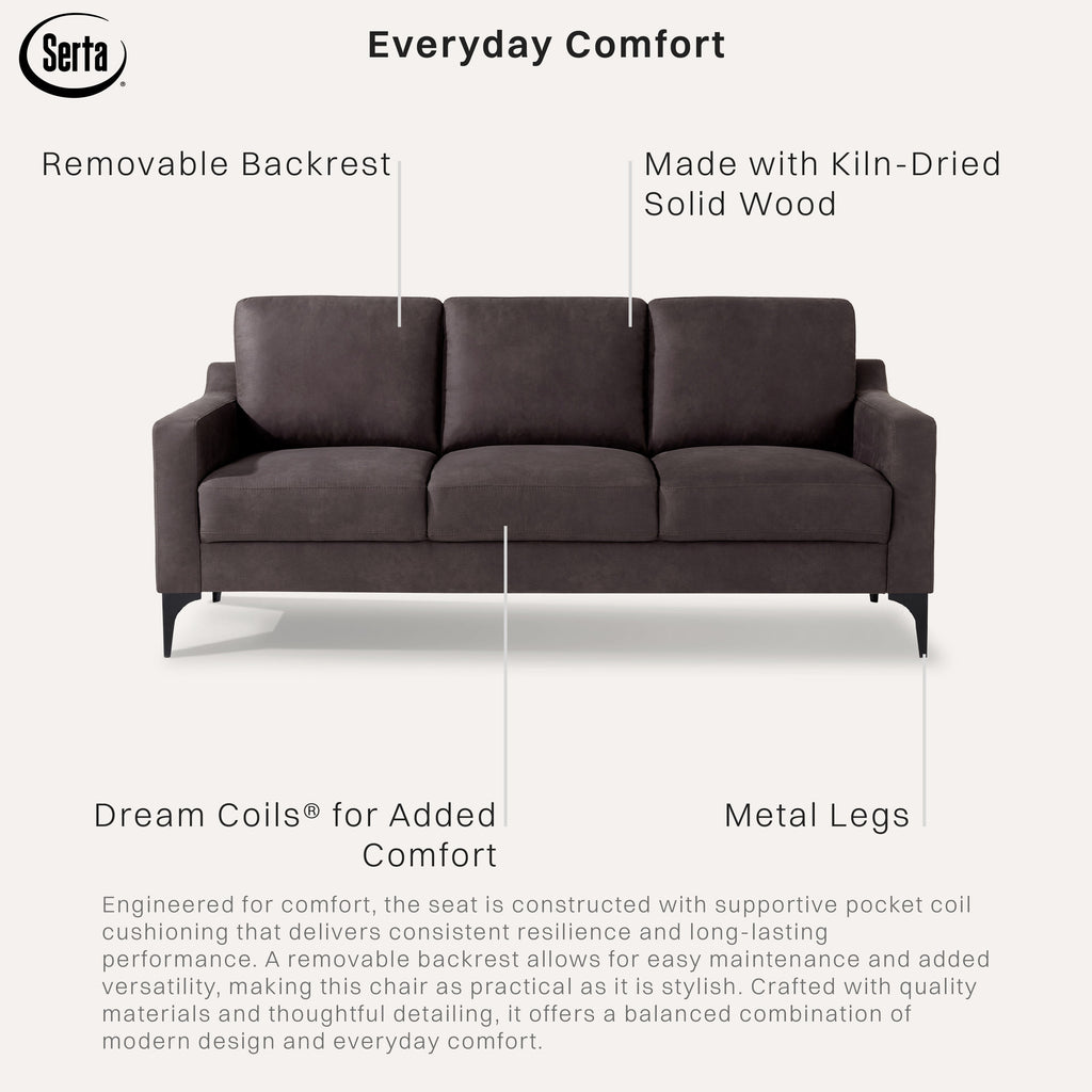 Serta Hemsworth Mid-Century Modern Style Sofa, Charcoal Faux Suede