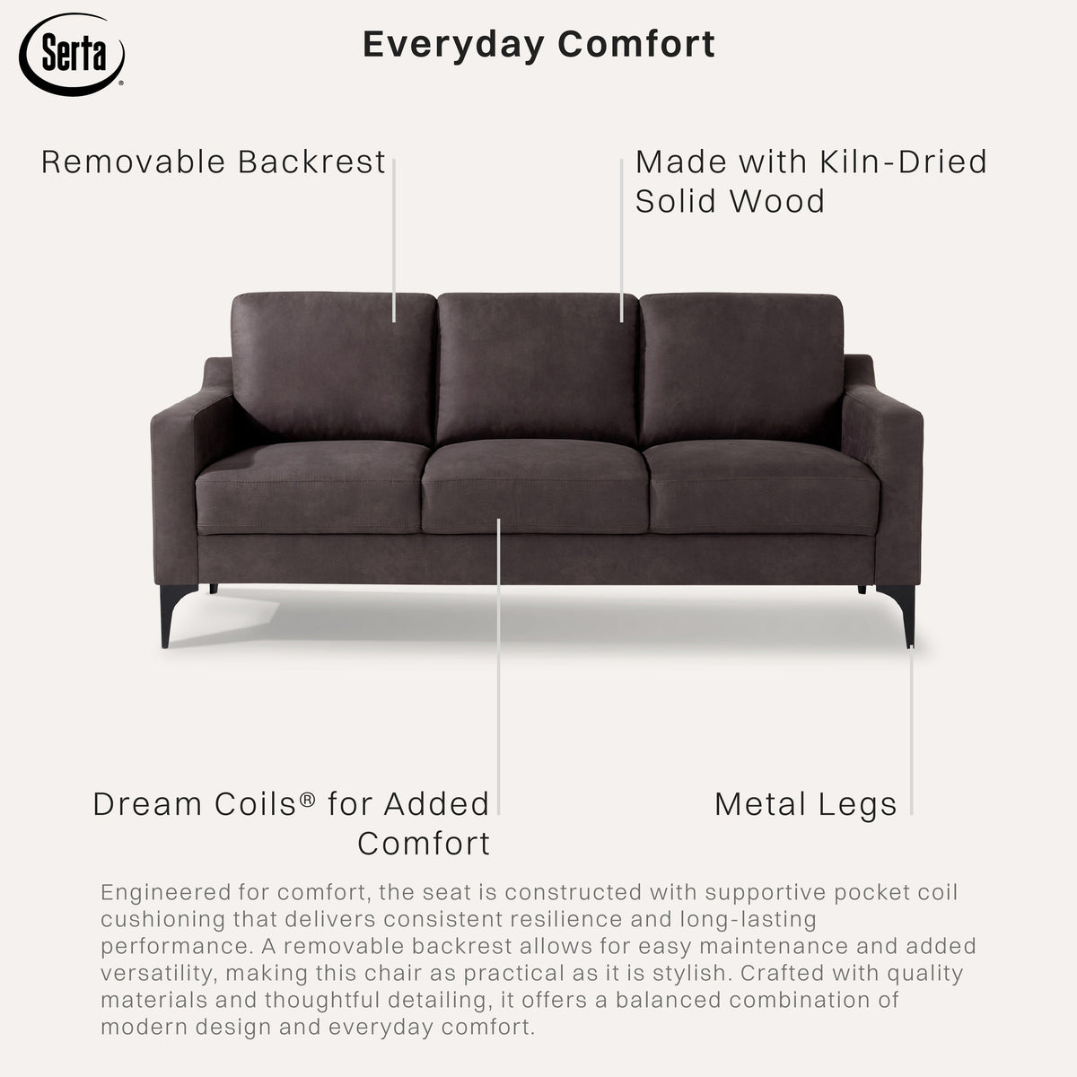Serta Hemsworth Mid-Century Modern Style Sofa, Charcoal Faux Suede