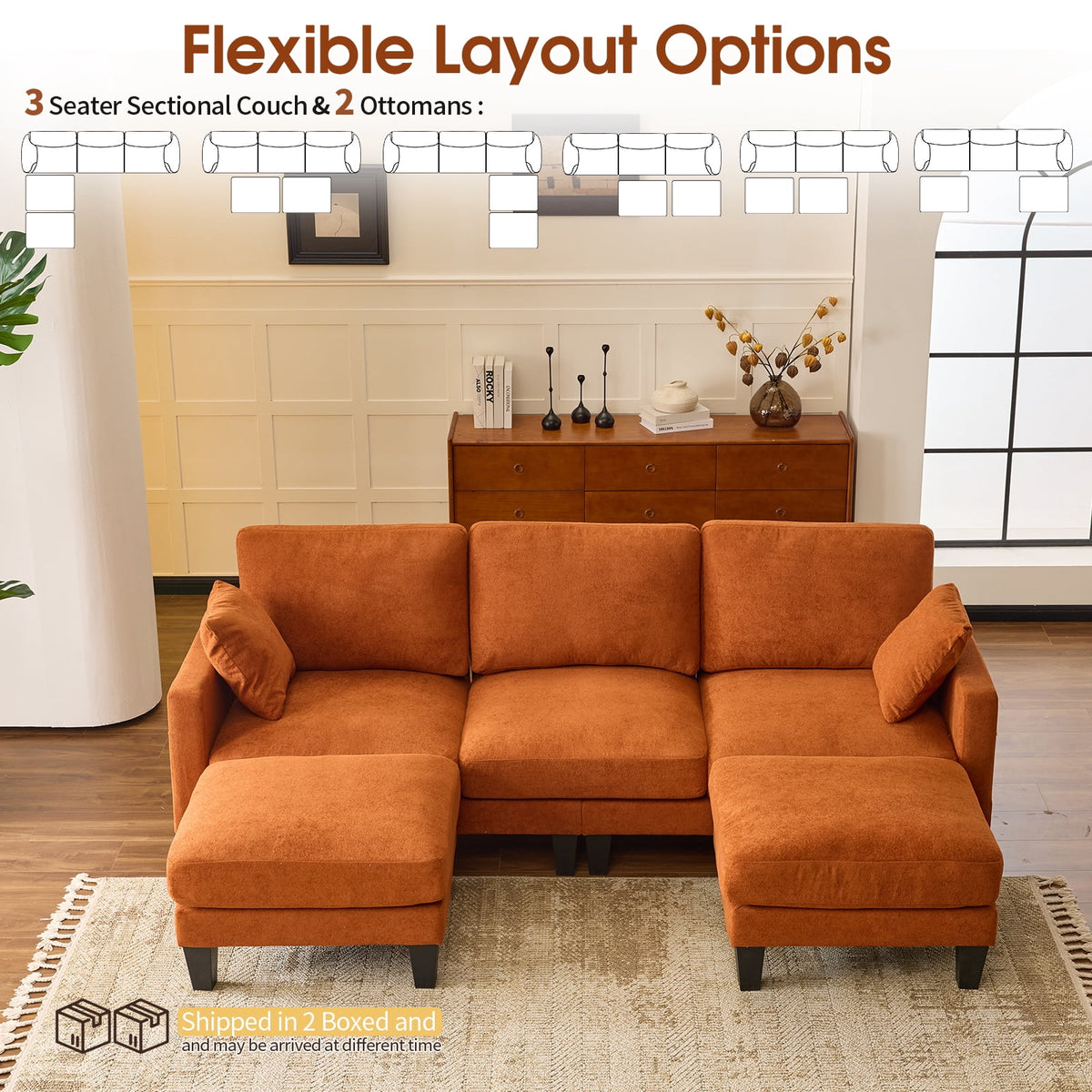 U-Shaped Sofa with 2 Removeable Ottoman Footrests, Flannel Deep Seating Couch for 3, Converts to Sleeper for Bedroom Living Room Furniture Orange