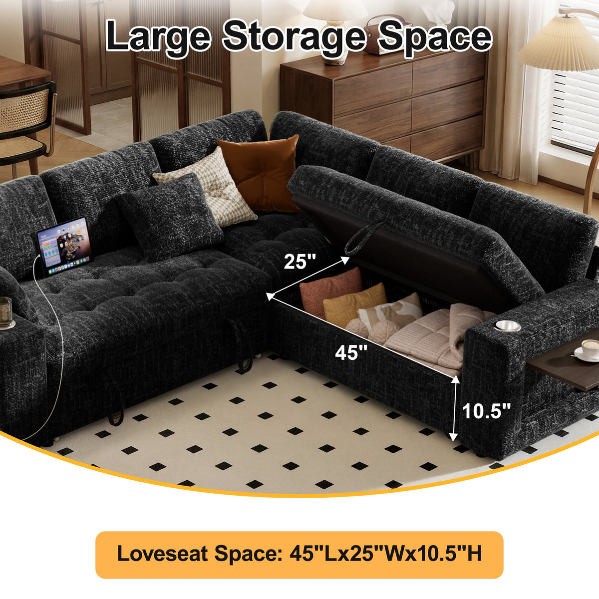 85" Modular Sectional Sleeper Sofa with Pull Out Bed, 5 Seat Chenille L Shaped Couch with USB Ports|Cup Holders|Side Table|Storage Loveseat, Tool Free Assembly,Black