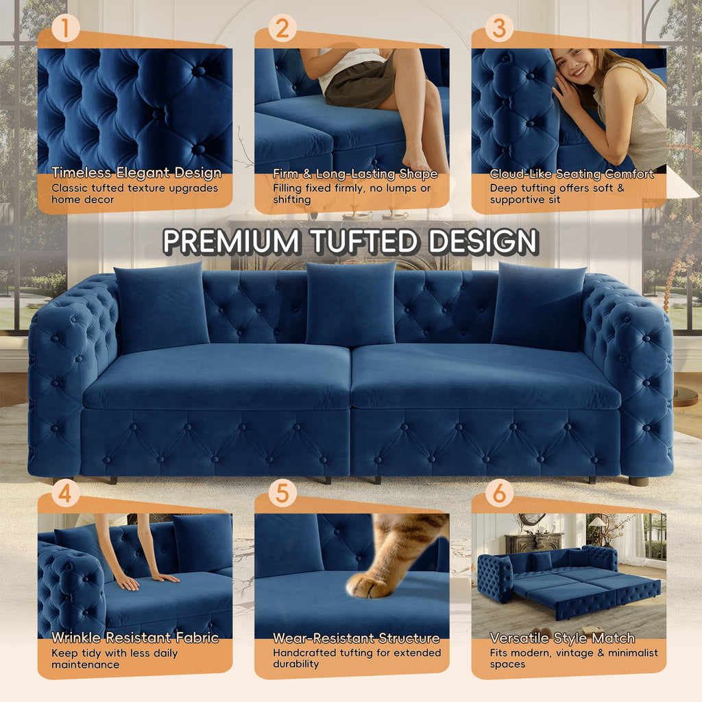  Pull Out Sofa Bed King Size, 89" Chesterfield Sofa Couch Convertible Sofa Bed, Velvet Loveseat Sofa with Tufted Design for Living Room Blue