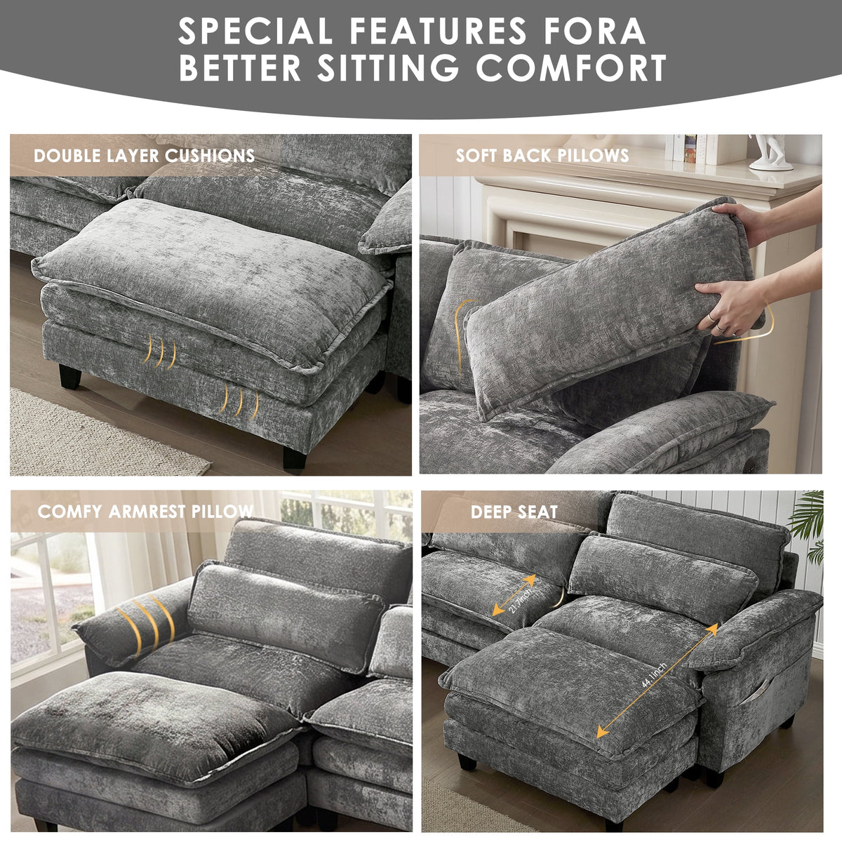 UBERLYFE 157" U Shaped Cloud Modular Sectional Sofa, Double Chaise with USB Charging, Hidden Storage & Cup Holders, Living Room Furniture, Gray