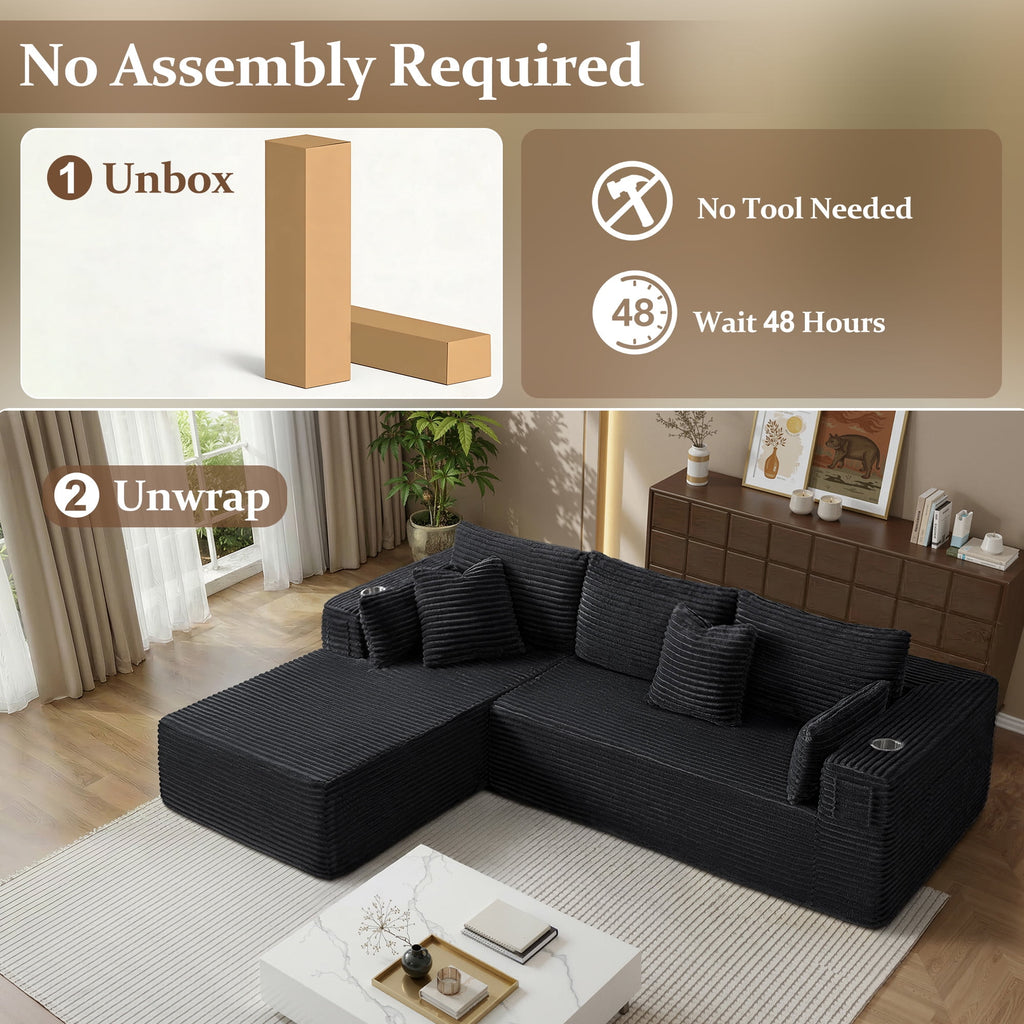 108" Modular Sectional Sofa, L-Shaped Cloud Couch with 59" Extra-Deep Chaise, 75D Memory Foam, Boneless Plush Corduroy Sofa, No Assembly, Black