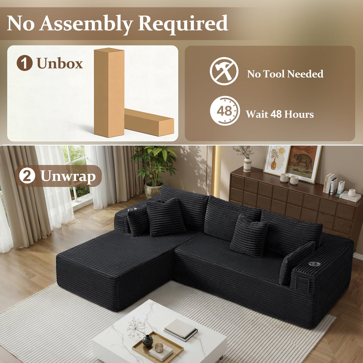 108" Modular Sectional Sofa, L-Shaped Cloud Couch with 59" Extra-Deep Chaise, 75D Memory Foam, Boneless Plush Corduroy Sofa, No Assembly, Black