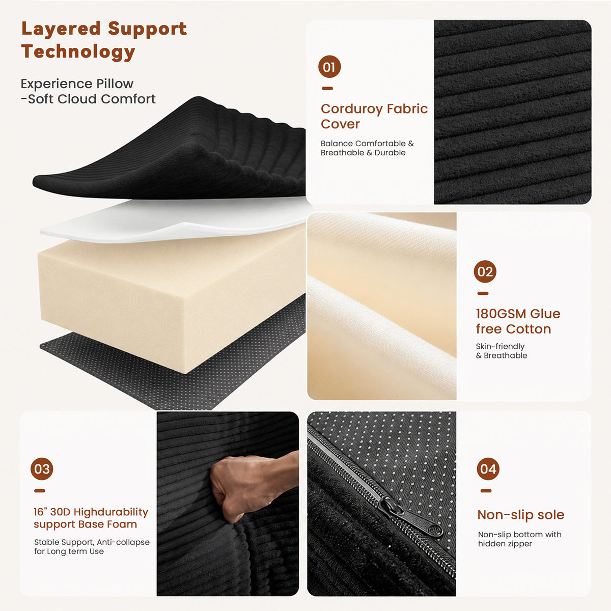  106" Cloud Sectional Boneless Couches for Living Room, Modular U Shaped Couch with Deep Seat, Removable Ottoman, Memory Foam Compressed 4 Seater Sofa for Bedroom Apartment, Black