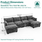 DoMaDing U Shaped Modular Sectional Sofa, 116" Couch with Movable Ottoman, Comfy Chenille Sofa with Pillows for Living Room, Sturdy Frame, Dark Gray