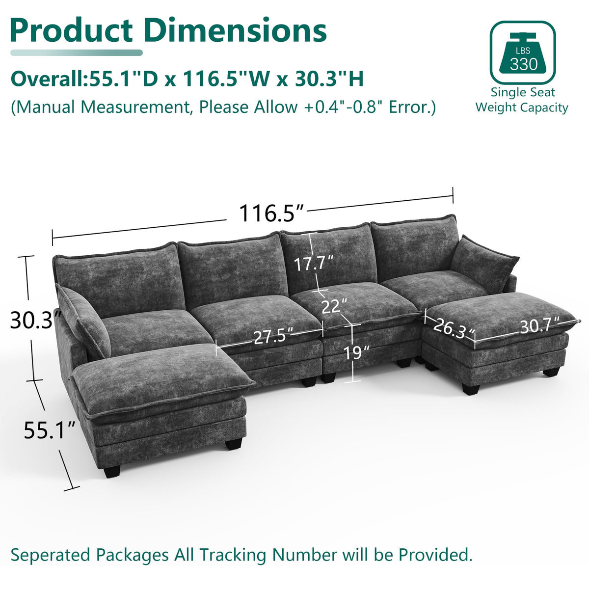 DoMaDing U Shaped Modular Sectional Sofa, 116" Couch with Movable Ottoman, Comfy Chenille Sofa with Pillows for Living Room, Sturdy Frame, Dark Gray