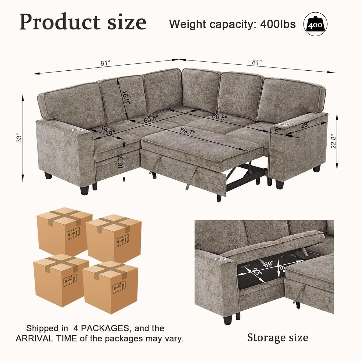  81" Sectional Sleeper Sofa with Pull Out Bed, Modular L-Shaped Chenille Couch with Storage Chaise, USB Charging Ports & Cup Holders for Living Room, Apartment, Light Brown