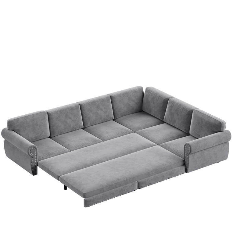 118" L-Shaped Convertible Sleeper Couch Bed, Chenille Upholstered Sectional Sofa with Pull-Out Sofa Bed, Modern Chesterfield Sofa for Living Room