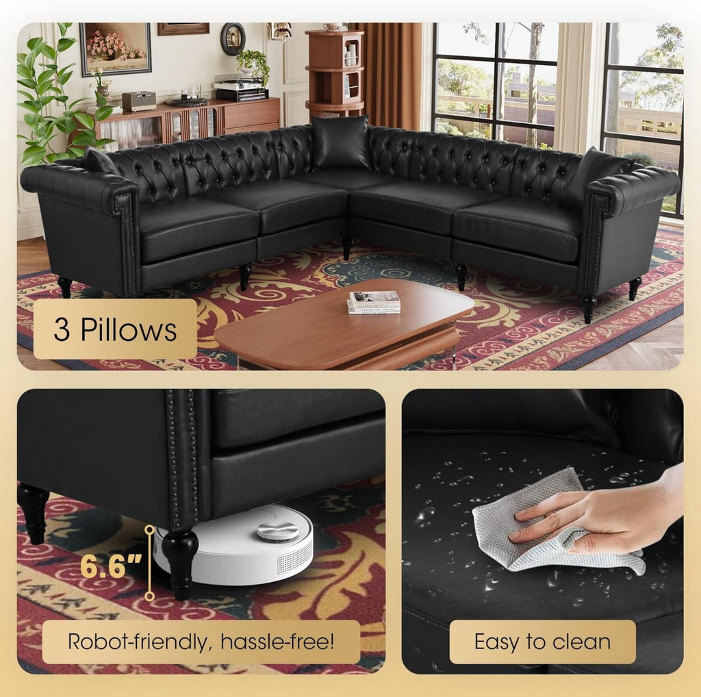  Sectional Sofa, 100" x 100" Chesterfield Sofa with Rolled Arms and Nailhead, 5 Seat Faux Leather Tufted Couch for Living Room Black