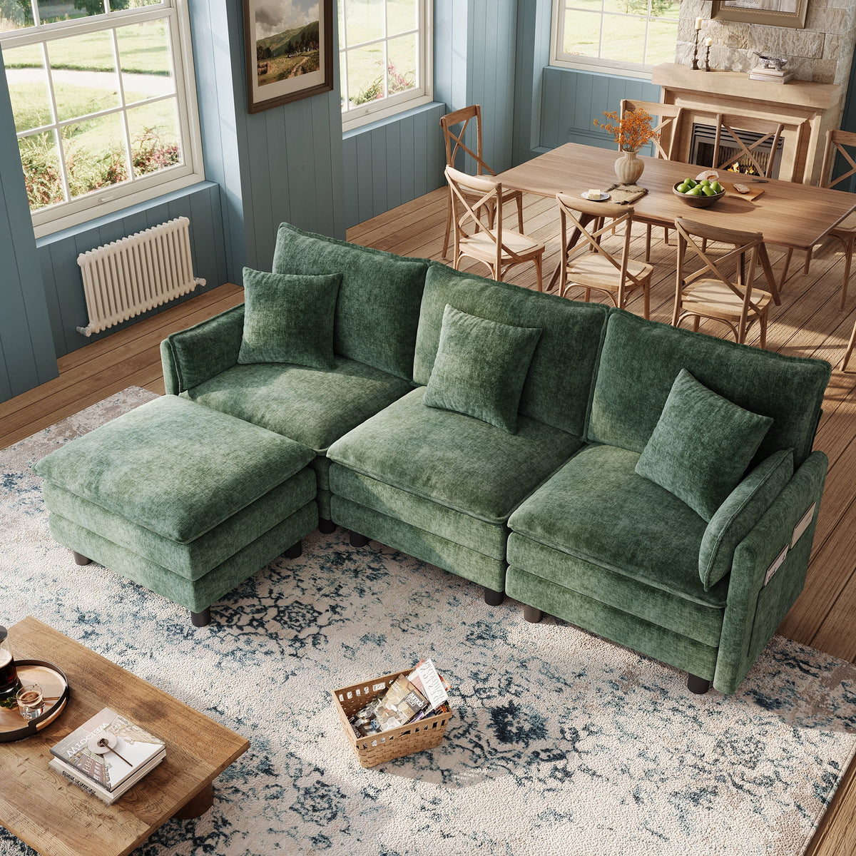  98" L-Shape Modular Sectional Sofa with Moveable Ottoman, Cloud Couch Seats 3 for Living Room, Apartment, Green