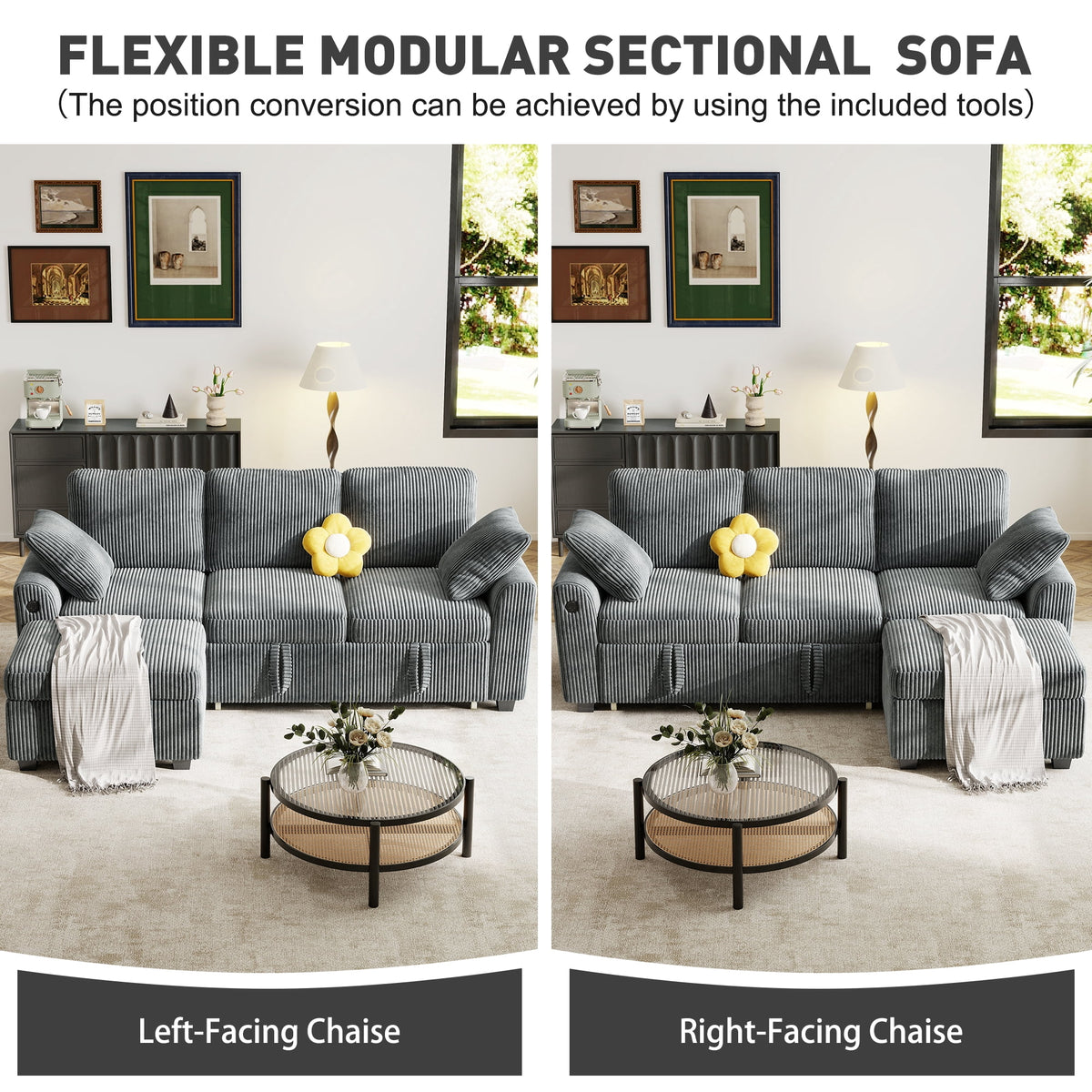  81" Sectional Sleeper Sofa With Pull Out Bed, Storage Ottoman & USB Charging, L Shape Modern Couch for Living Room, Corduroy Gray