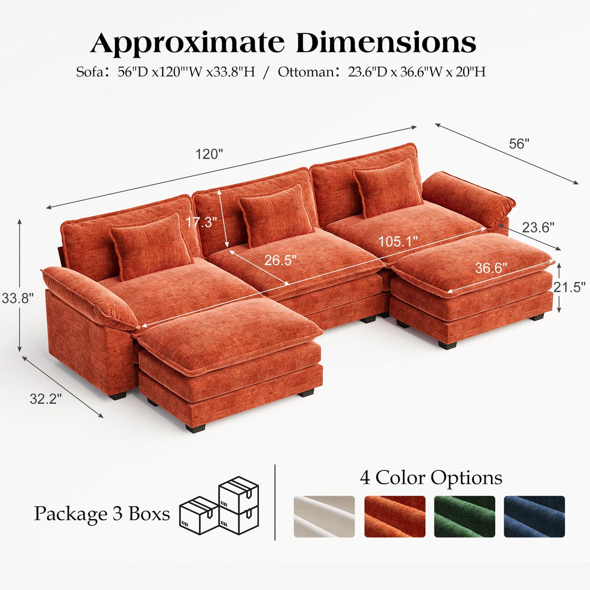 CDCASA Oversized Modular Sectional Sofa, 3-Seat U Shaped Cloud Couch with Movable Ottoman, Deep Seat Modern Sofa, 120" Sectional Couches for Living Room, Orange