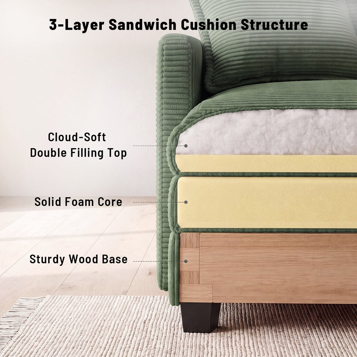 Amsleekey 111.5" Modular Sectional Sofa with 2 Movable Ottomans, U-Shaped Modern Corduroy Cloud Couch for Living Room, Comfy Deep Seat, Green