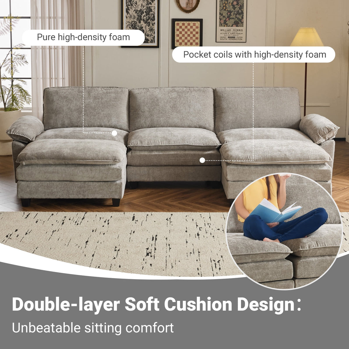  120" W Sectional Sofa U Shaped Couch with Double Chaise Chenille Sleeper Set with 3 Oversized Seats Light Gray