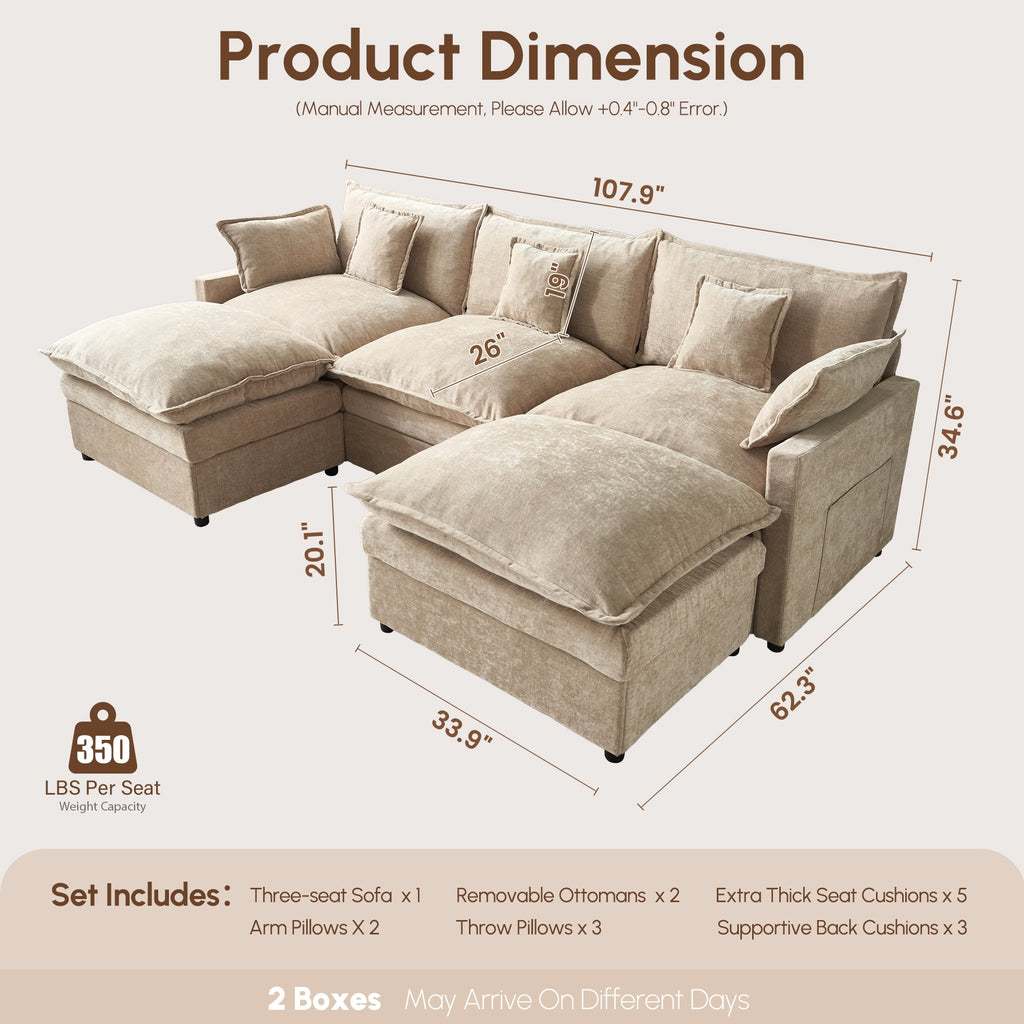  108" Modular Sofa U-Shaped Cloud Sectional Couch with 2 Ottomans, Comfy Deep Seat Chenille Sofa for Living Room, Apartment, Camel