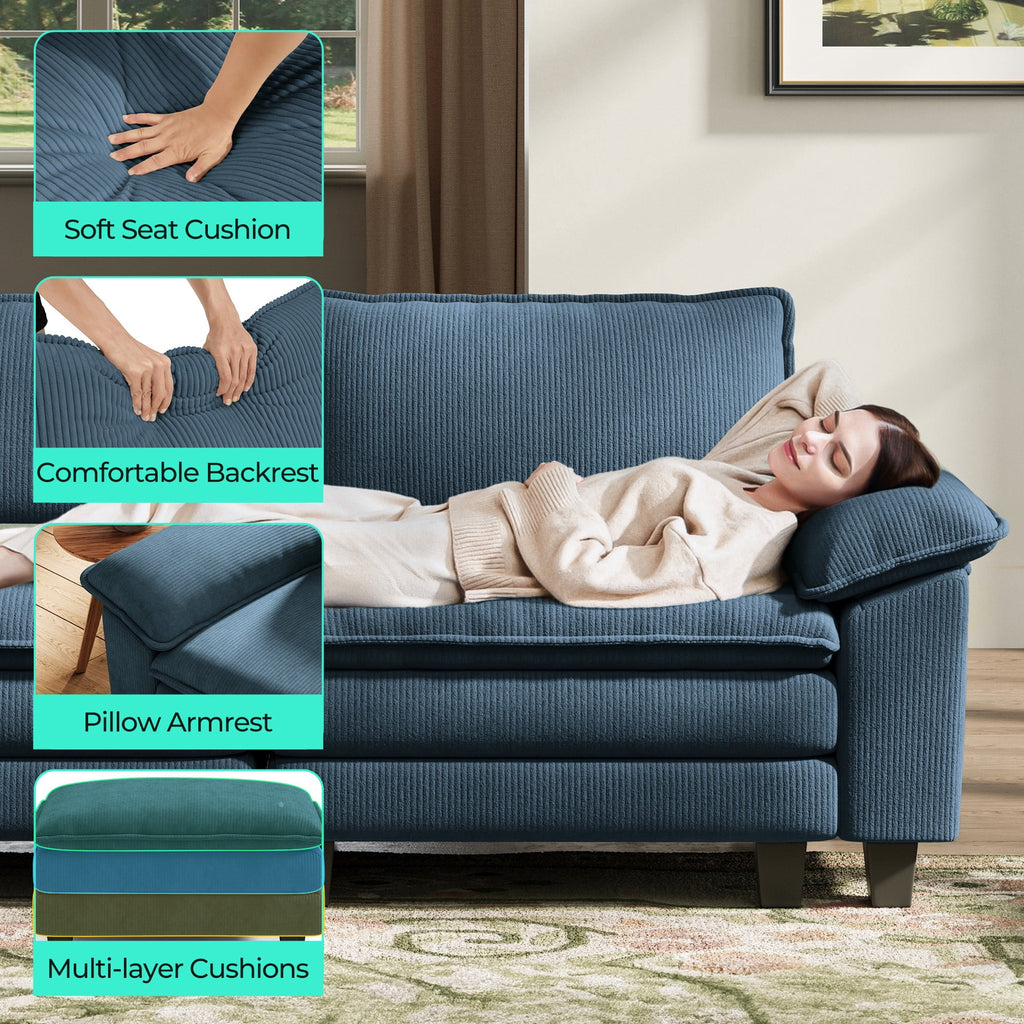 LINSY Home Modular Sectional Sofa for Living Room, U-Shaped Cloud Sofa Couch with Corduroy Fabric, 4 Seater Sofa Couch with 2 Ottomans, Blue