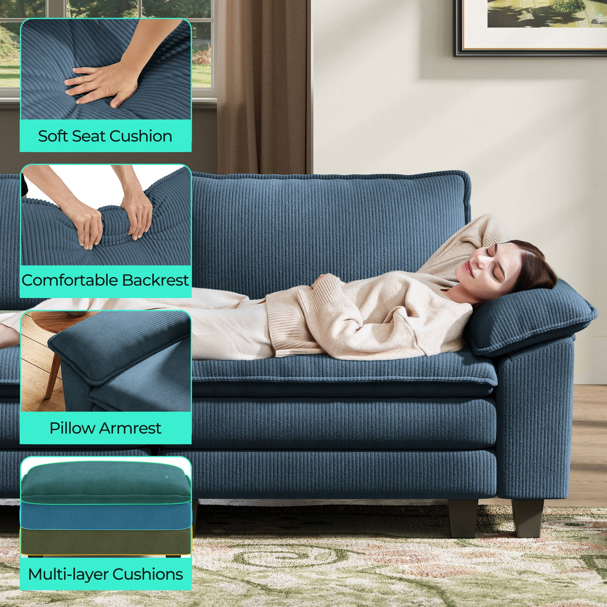 LINSY Home Modular Sectional Sofa for Living Room, U-Shaped Cloud Sofa Couch with Corduroy Fabric, 4 Seater Sofa Couch with 2 Ottomans, Blue