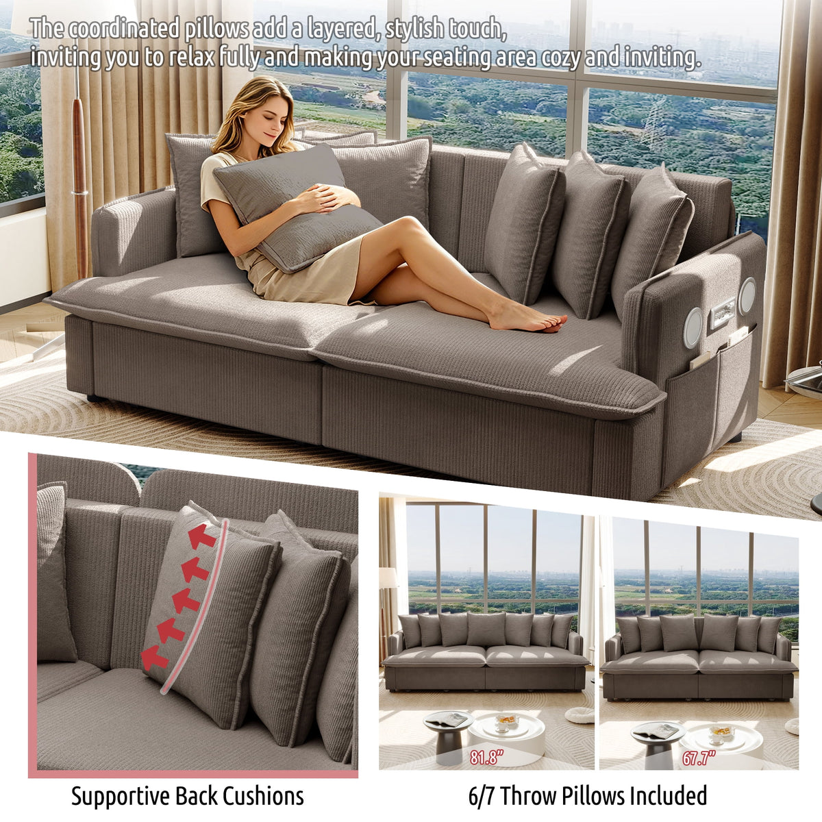  Pull Out Sofa Bed King Size, 82" Loveseat Sofa with Bluetooth Speakers, USB Ports, Side Pockets, Corduroy Sofa Couch Convertible Sofa Bed for Living Room Brown