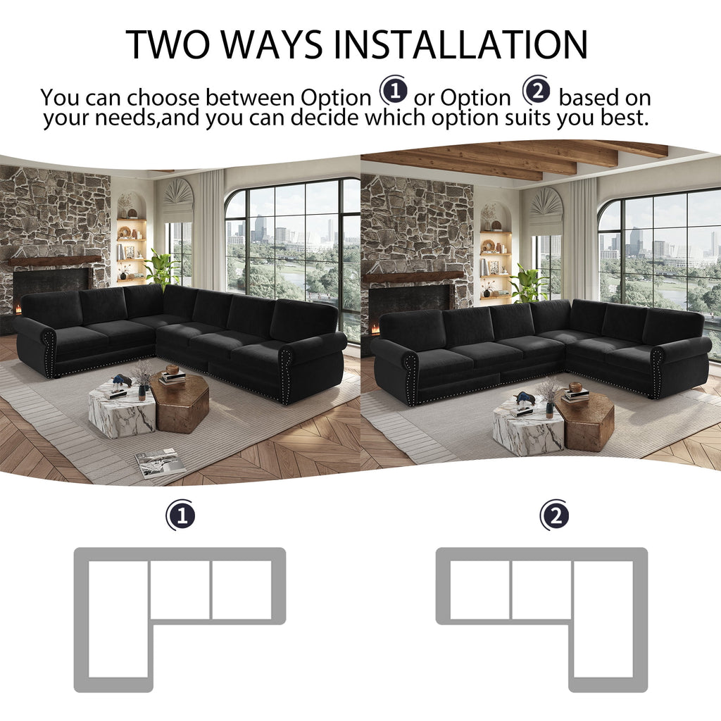  Sectional Sofa Couch, Oversized Chenille Sofa with Pull Out Sofa Bed for Living Room Black