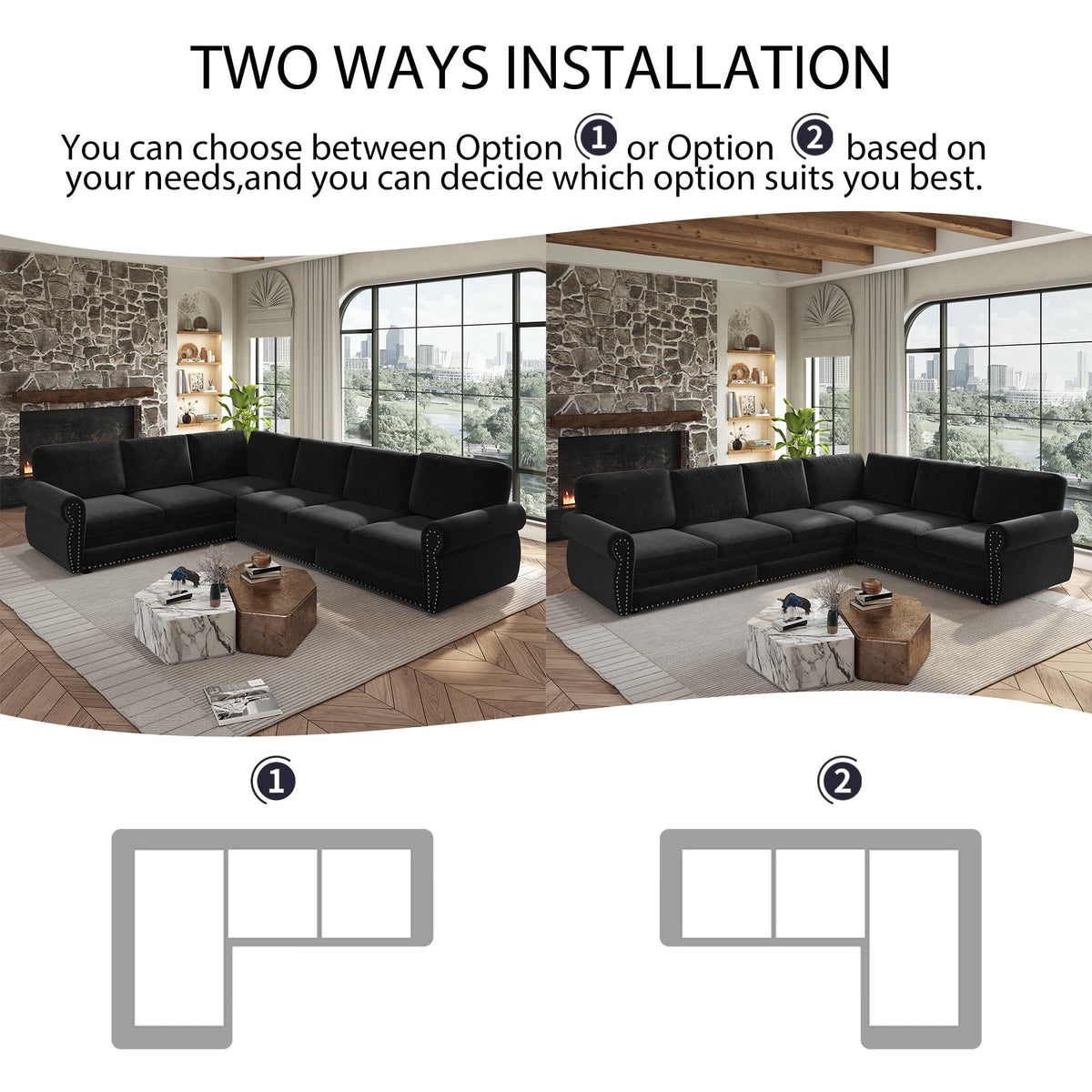  Sectional Sofa Couch, Oversized Chenille Sofa with Pull Out Sofa Bed for Living Room Black