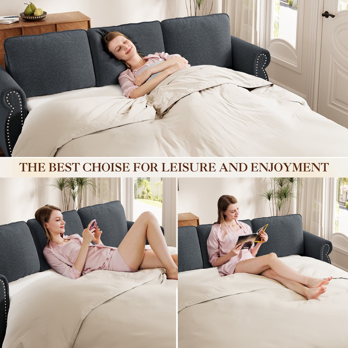Muumblus Queen Size Pull Out Sofa Bed, 2-in-1 Convertible Sleeper Couches with Memory Foam Mattress, 3 Seat Sleeper Couch Beds for Living Room, Dark Gray
