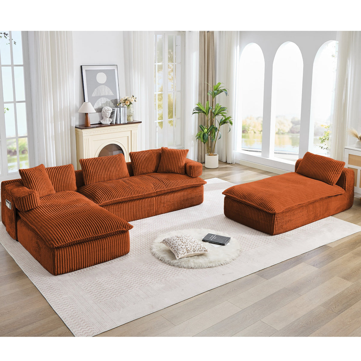  Sectional Sofa, Oversized Sectional Couch Convertible Sofa Bed, 6 Seat Corduroy Sofa Couch with Side Pocket for Living Room, No Assembly Orange