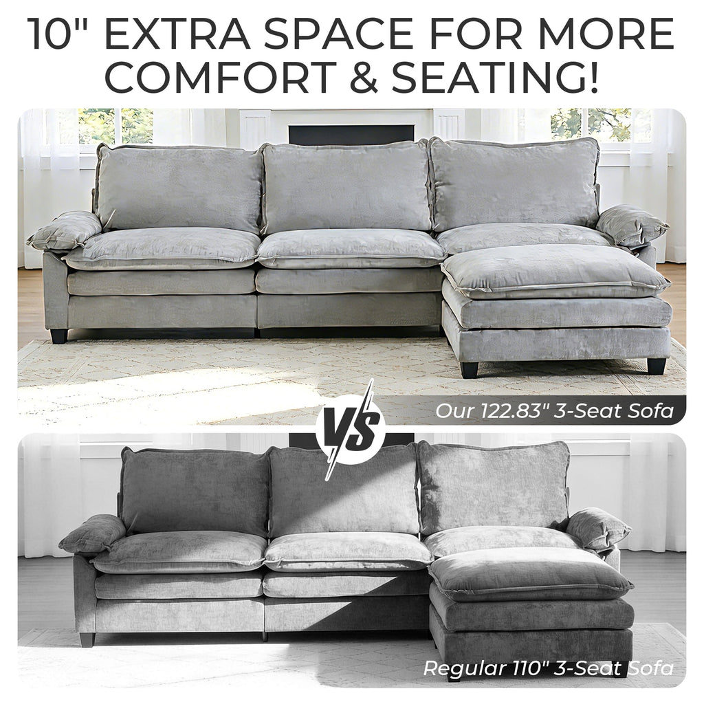  122" W L Shaped Sectional Sofa, Modern Chenille Deep Seat Cloud Couch with Movable Chaise, Plush Living Room Couches for Apartment, 3-Seater Light Gray