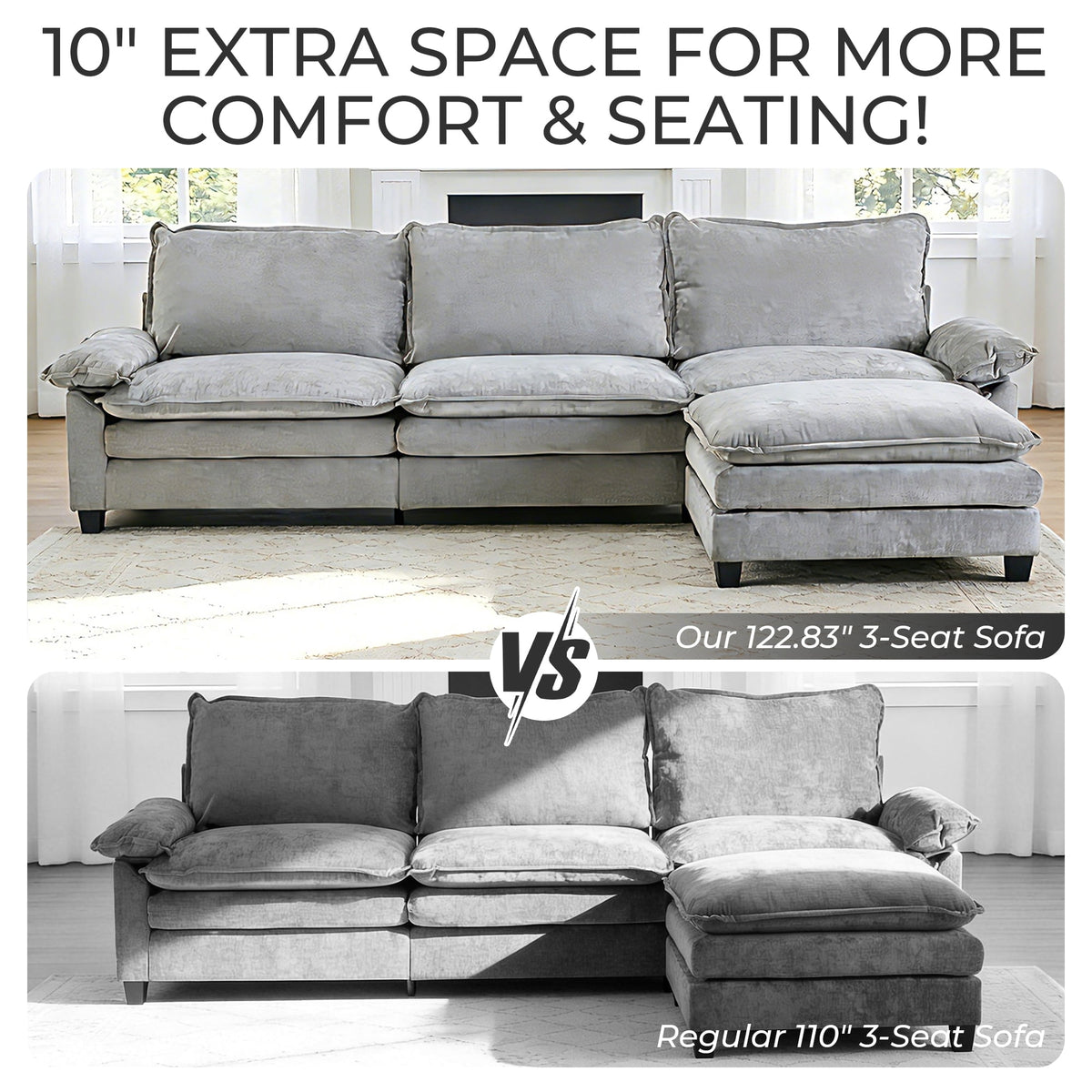  122" W L Shaped Sectional Sofa, Modern Chenille Deep Seat Cloud Couch with Movable Chaise, Plush Living Room Couches for Apartment, 3-Seater Light Gray