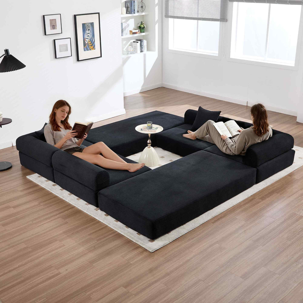 Timbernest 106" Oversized L-Shaped Cloud Couch, Convertible Sleeper Sofa, Folding Corduroy Sofa Bed for Living Room, Black