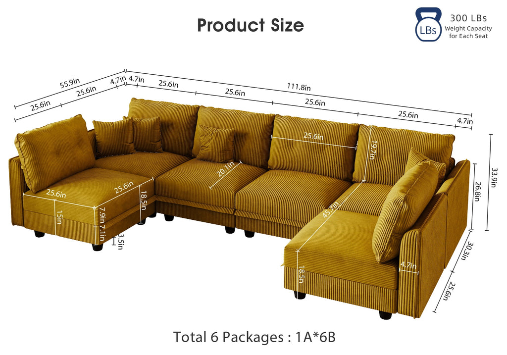  Modular Sectional Sofa, Modular Sectional Couch with Storage, 6 Seat Corduroy Oversized Sofa with 6 Back Cushion 6 Throw Pillow Yellow