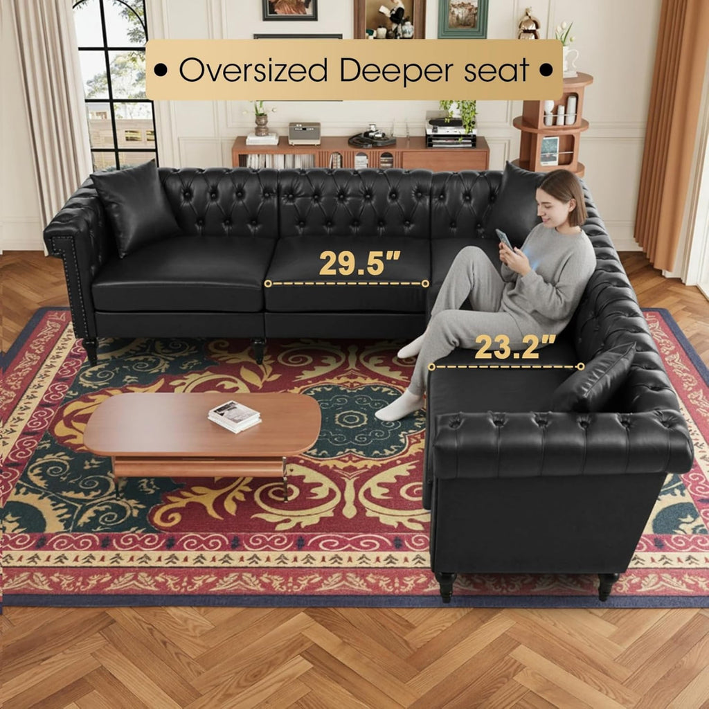  Sectional Sofa, 100" x 100" Chesterfield Sofa with Rolled Arms and Nailhead, 5 Seat Faux Leather Tufted Couch for Living Room Black