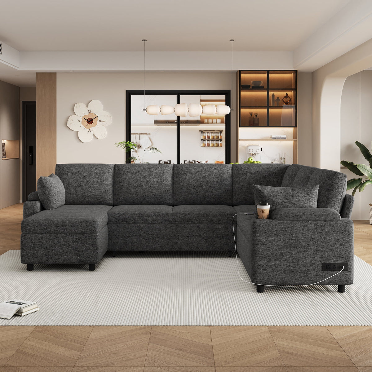 109.9" Sectional Sofa Versatile Sofa Bed Sleeper U-shaped with Storage,Two Cup Holders and Charging Ports for Living Room,Grey