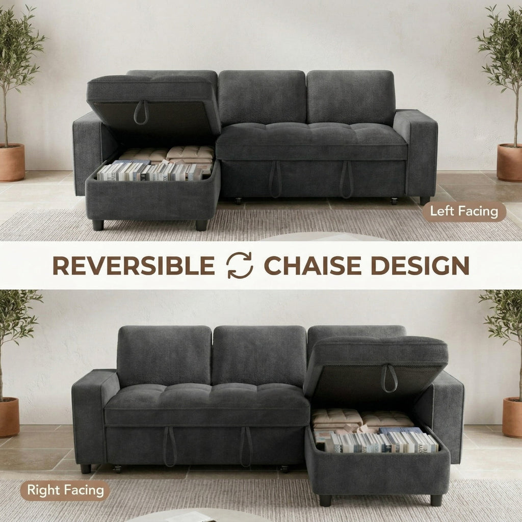 81" Sectional Sleeper Sofa Bed with Pull Out Couch, L-Shaped Chenille Fabric Sofa with USB Ports and Storage Chaise, Charcoal Gray