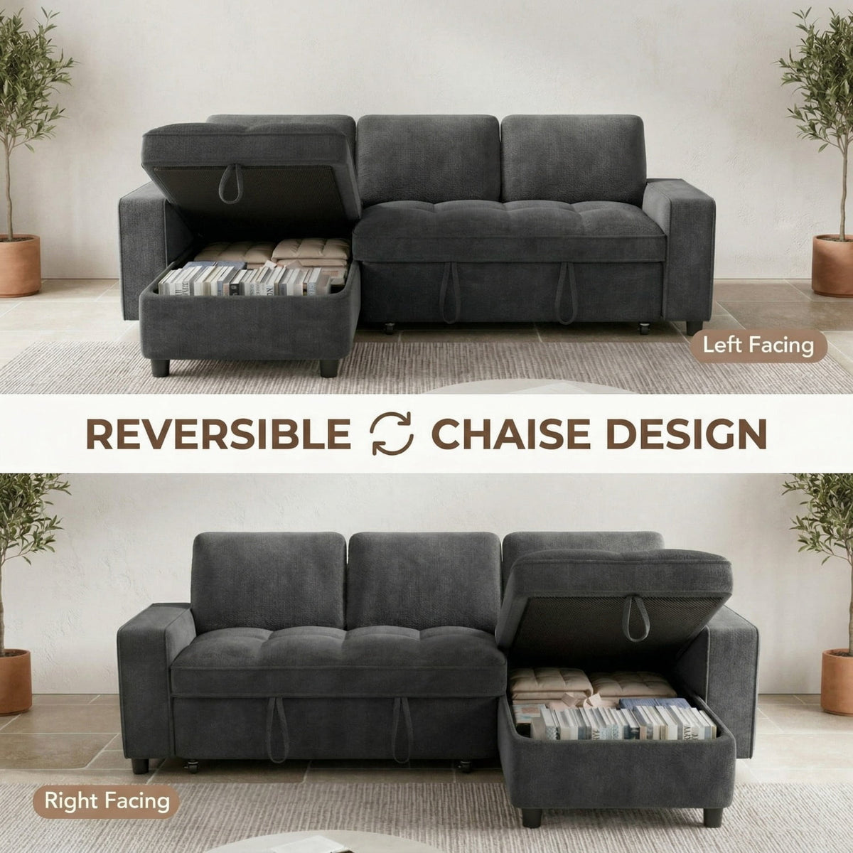 81" Sectional Sleeper Sofa Bed with Pull Out Couch, L-Shaped Chenille Fabric Sofa with USB Ports and Storage Chaise, Charcoal Gray