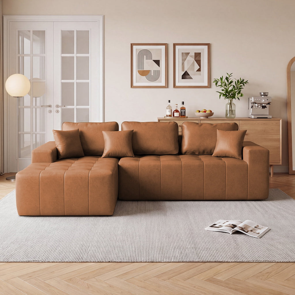  108" Sectional Sofa, Modular Sectional Couch with Right Chaise, Deep Seat Faux Leather Cloud Sofa for Living Room