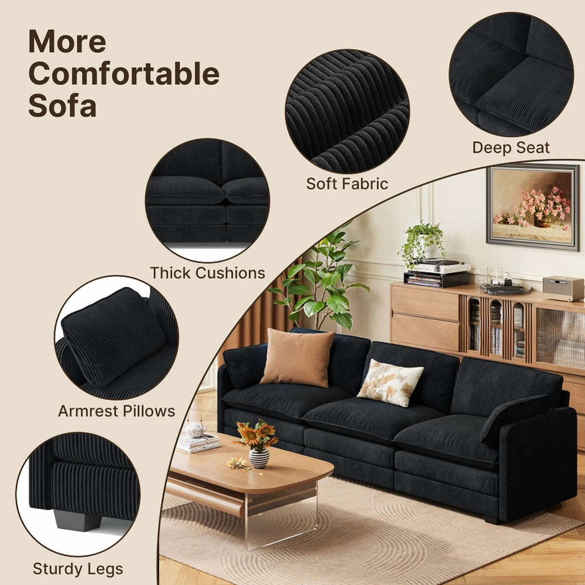  Cloud Like Comfort Sofa,Double?Layer High?Resilience Memory Foam Cushion,Removable Zippered Cover with 2 Pillows for Living Room, Bedroom, Apartment & Small Family,Black