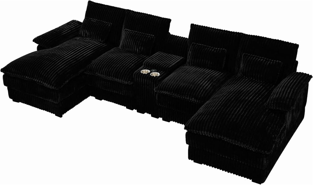  124" U Shaped Modular Sectional Sofa, 6 Seat Oversized Cloud Couch with Double Chaise & Central Console, Plush Corduroy Sectional Couch with USB Ports, for Living Room, Black