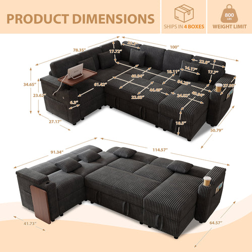 FFH 100" Modular Sectional Sofa with Pull Out Bed, Large Storage, USB Ports, Table Board, Modern Sleeper Couch Bed for Living Room, Corduroy Dark Gray