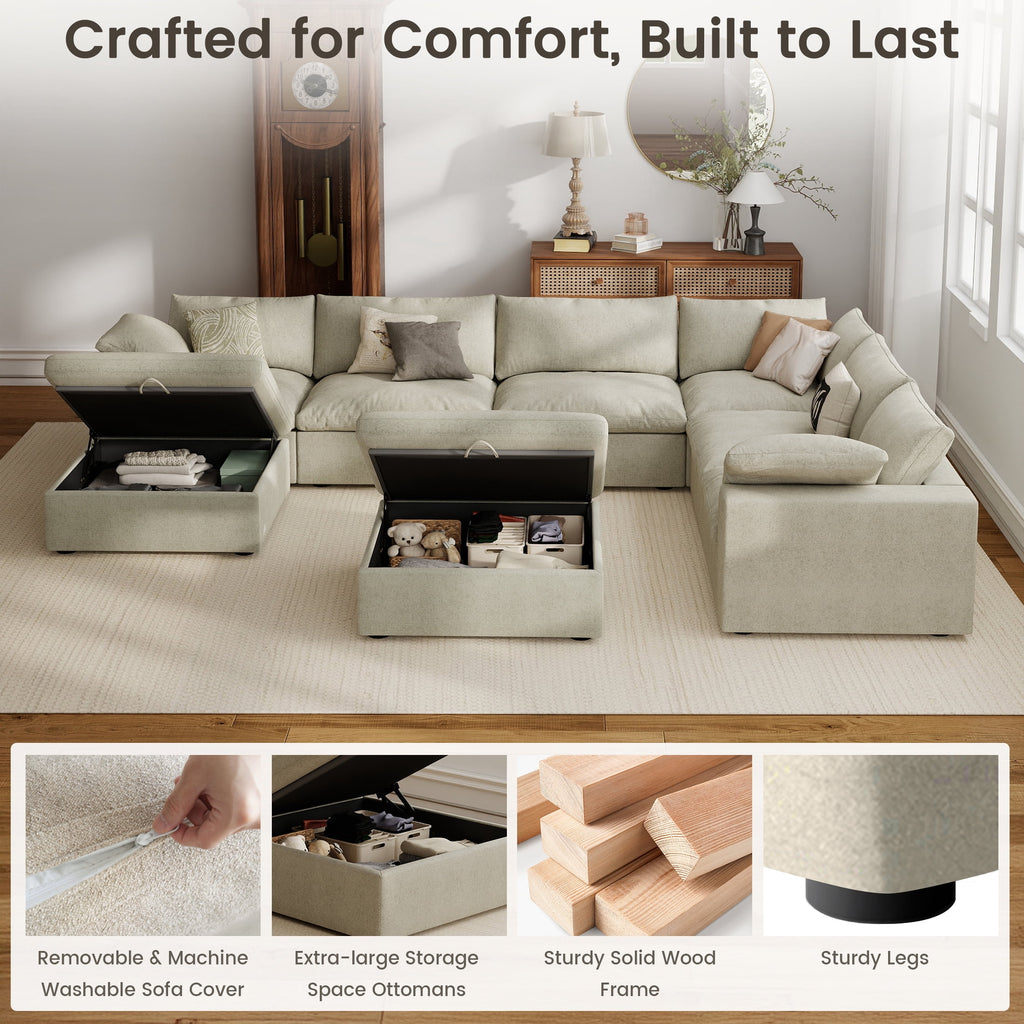 The Magic Home 118" Sofa Couch, Cloud Modular Sectional Sofa with Removable Storage Ottoman, L Shaped Linen Modern Comfy for Living Room, Apartment, Office, DIY Combination, 3 Seater Khaki Couch