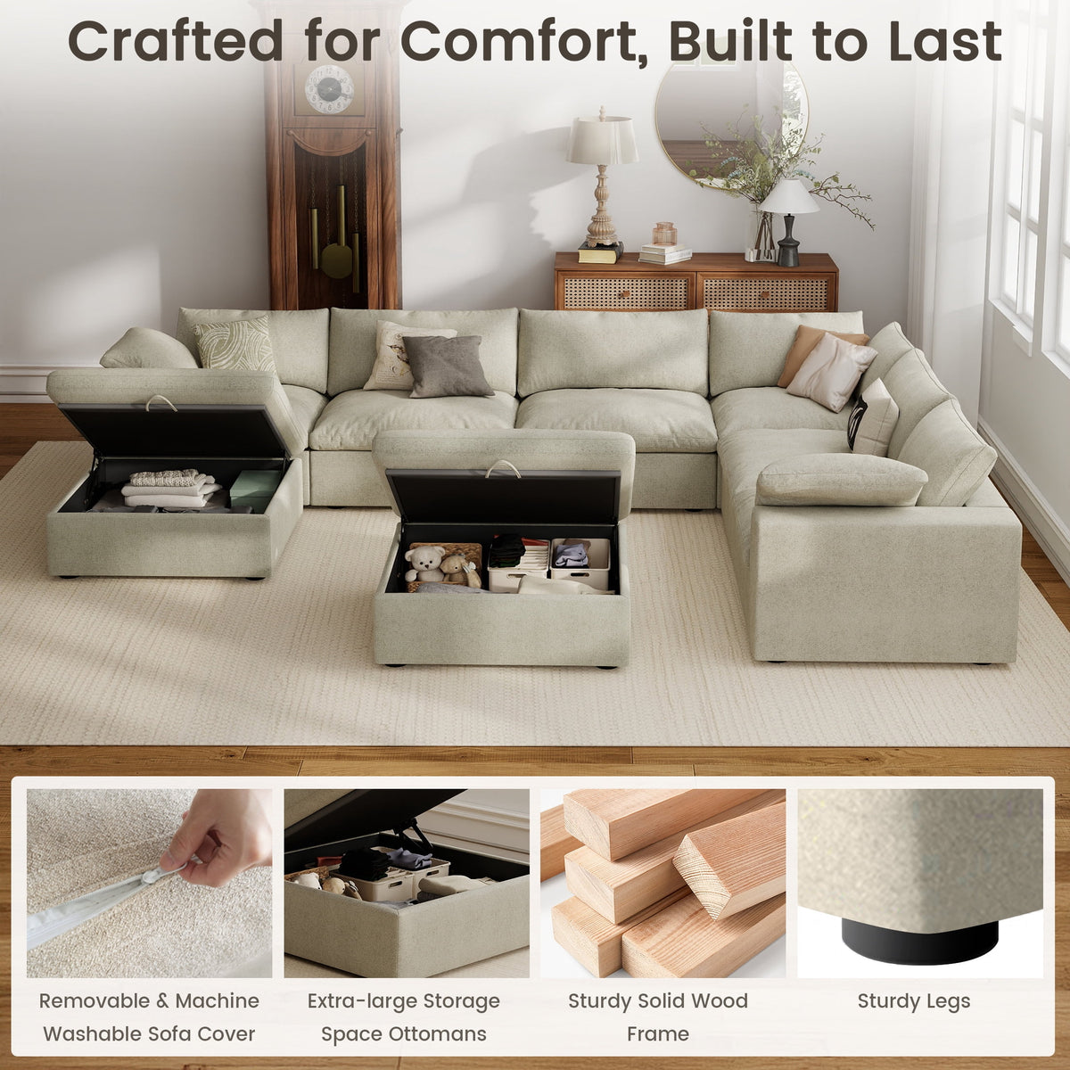 The Magic Home 118" Sofa Couch, Cloud Modular Sectional Sofa with Removable Storage Ottoman, L Shaped Linen Modern Comfy for Living Room, Apartment, Office, DIY Combination, 3 Seater Khaki Couch