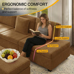Sectional Sleeper Sofa with Pull Out Bed,110" L-Shaped Modular 6-Seater Cloud Sectional Couch,Convertible Corduroy Sofa for Living Room,Ottoman with USB Charging Ports & Cup Holders,Camel